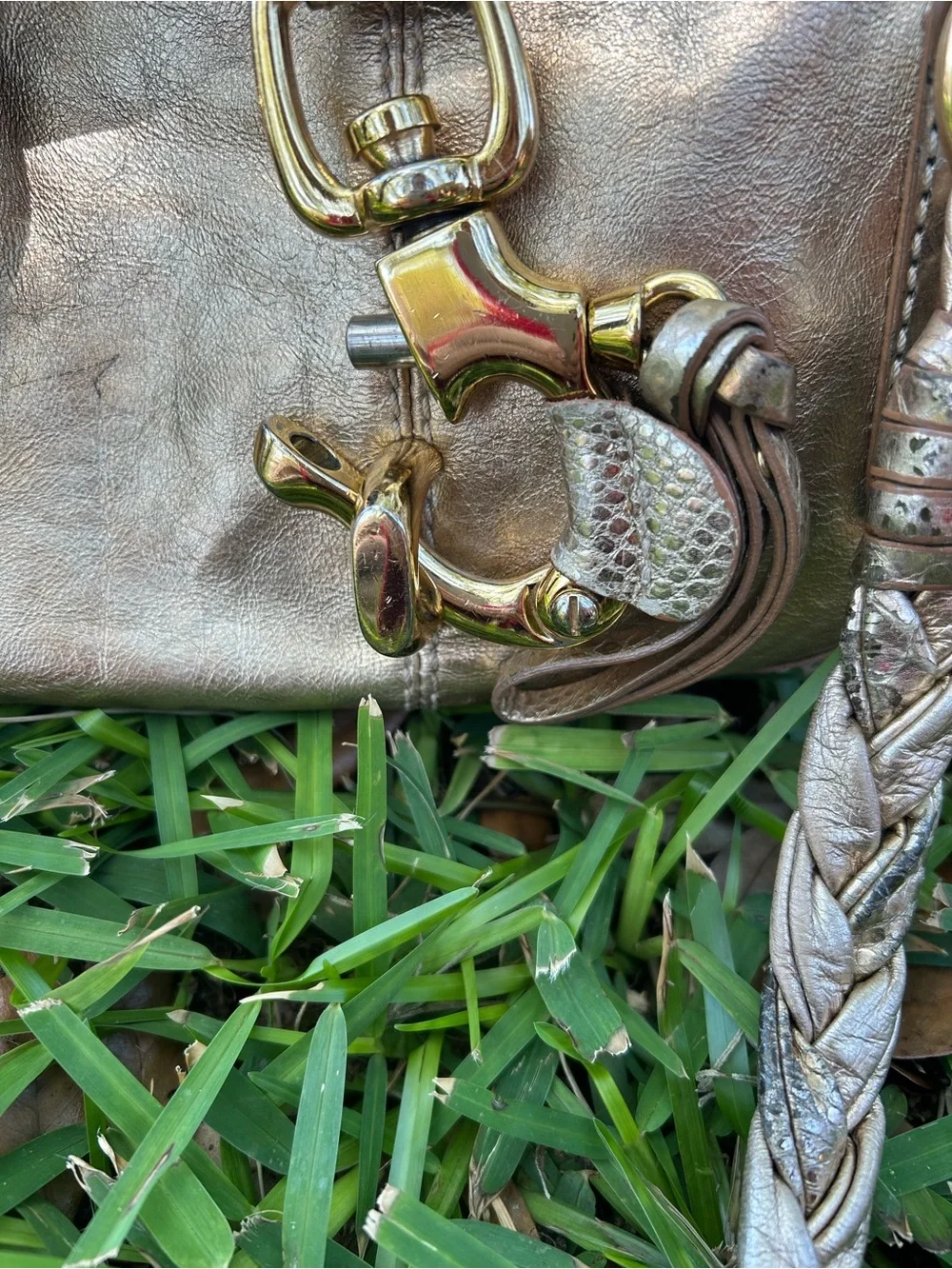 Francesco Biasia Metallic Gold Braided-Handle Large Satchel 100% Leather